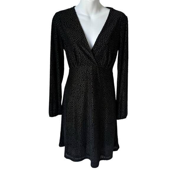 Fit & Flare Black Dress Small Faux Wrap Long Sleeves Burnout Velvet Polka Dot - Picture 1 of 15
